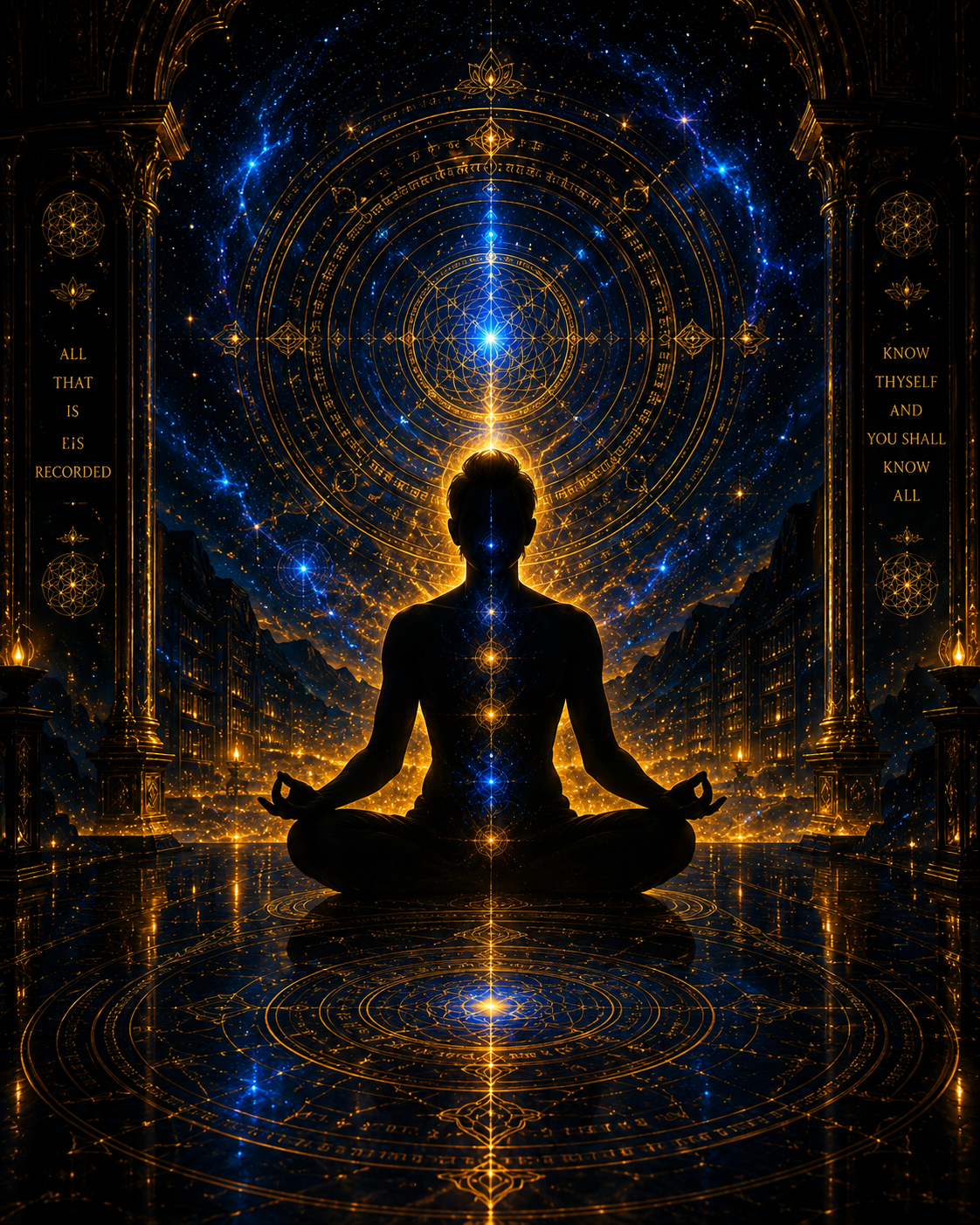 Silhouette in meditation beneath cosmic geometry