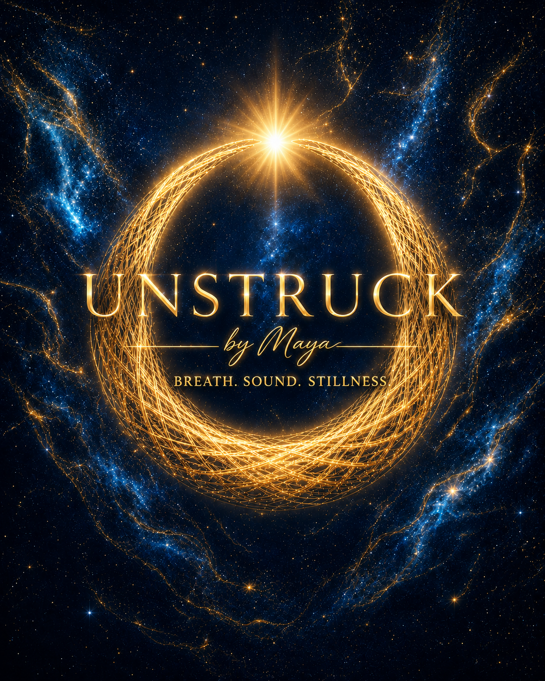 Unstruck by Maya — luminous ring against a cosmic field